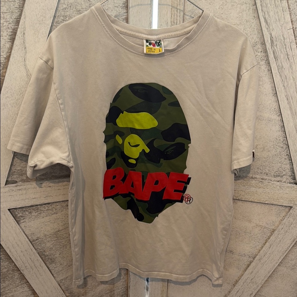 Bape beige/light grey and Red Short Sleeve Tee with Camo Graphic